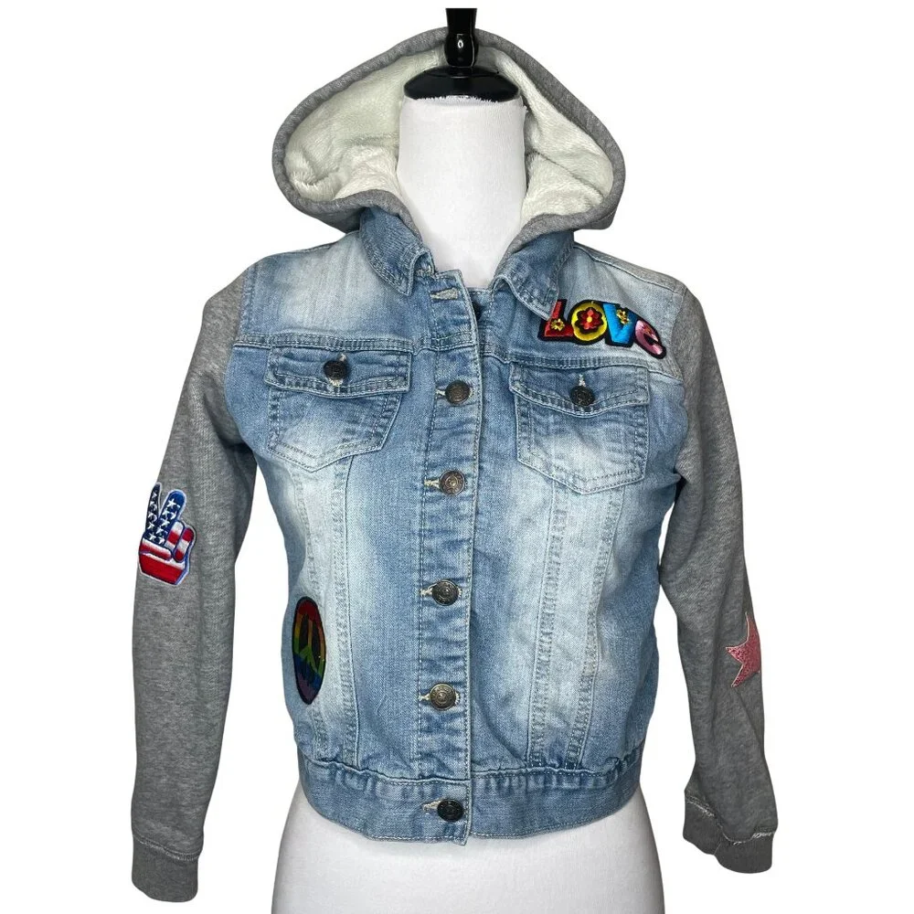 Vigoss Girls Hooded Denim Jacket Size 10 Patches Sherpa Lined Mixed Media